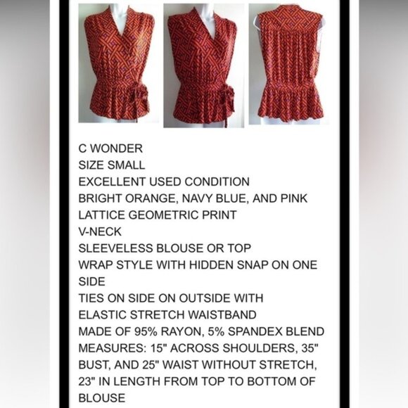 GUC C WONDER ORANGE NAVY LATTICE WRAP SLEEVELESS JERSEY BLOUSE vibrant TOP SZ S - Picture 7 of 8